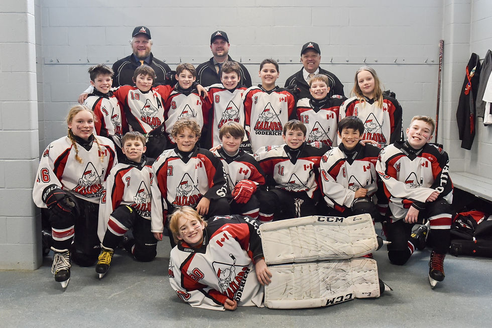 Goderich U11 Rep attend Tier 2 International Silver Stick Tournament. (Back row, L-R): Maitland Harp, Issac Armstrong, Callen Regier, Ryan McBridge, Griffin Denomme, Matthew Evans, and Blake Snieder. (Second row, L-R): Reece Carver, Finley Padfield, Bryce Woods, Forrest Nuhn, Ivor Shelton, Max Brown and Nixon Gillard. (Front): Edwyn Garrick. (Bench staff): Kevin Snieder, Nic Armstrong and Matt Woods.