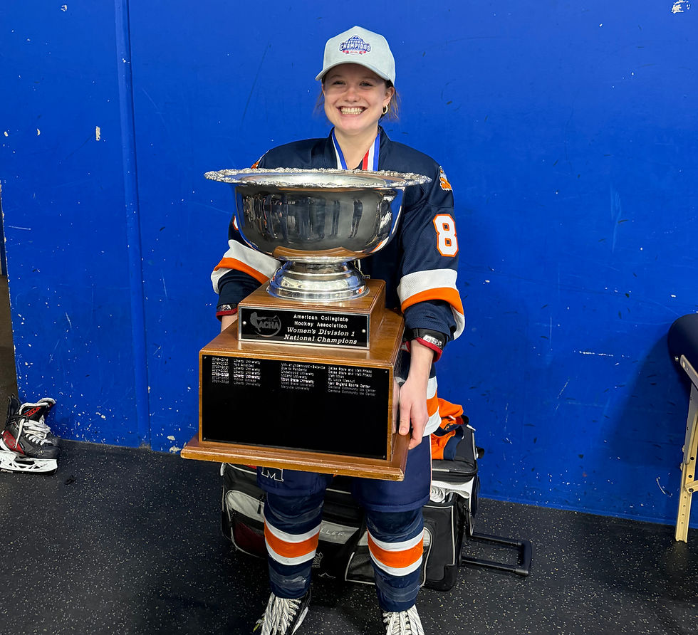 St. Marys native Kiara McGregor celebrates after helping Midland University of Fremont, Neb. win their first-ever women’s hockey title at the ACHA Division-One National Championship.