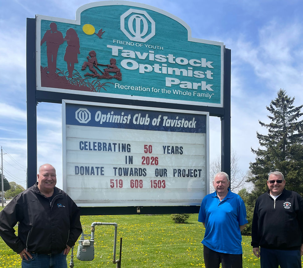 Three original charter members of the Tavistock Optimist Club gathered Tuesday to reflect on the club’s 50-year history. Pictured, from left, are Eugene “Beany” Bender, Bruce Swartzentruber – the club’s first president – and Brian Swartzentruber. Gary West photo
