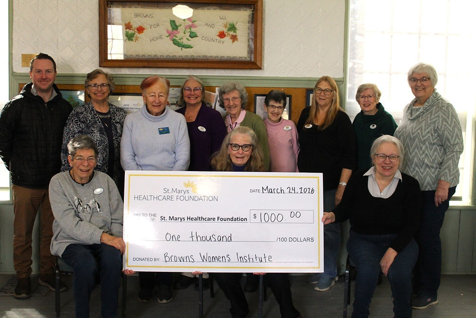 A successful fundraiser by the Browns Women’s Institute allowed the club to donate $1000 to St. Marys Healthcare Foundation. Pictured in the back row, from left to right, are board director Brandon Boyd, Women’s Institute members Nancy West, Edith Eedy, Judy Taylor, Ruth Ann Haves, Carol Herbert, Lynn Dietrich, Evelyn Arthur and Carol Miller. In front, from left, are Women’s Institute member Liz Harrison, board director Linda McFadyne and member Dianne Greason. Absent are members Evelyn Douglas, Annie VanHooydonk, Janet Uren and Willie Vanstrien.