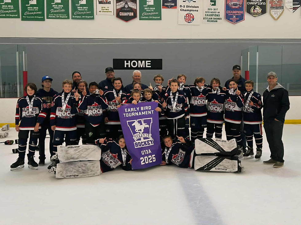 The Dunny’s Source For Sports U13 A Boys captured the gold medal at the London Jr. Mustangs Early Bird Tournament Sept. 19-21. Pictured laying on the ice, from left to right, are Matthew McCarty and Luke Savile. In the second row, from left, are Jaxson Parsons, Keaton Ward, Gavin Santagapita, Talon Nov, Talon Ward, Attley Ehgoetz, Joey Brown, Theo Keller, Nick Simons, Owen Leslie-Robinson, Hudson Monteith, Liam Showers, Emmitt Parkinson, Myles Havens and Charles Coppins. In the back row, from left, are Harper Murrell, Jonathan Ward, Mark Monteith, Merlin Malinowski, Jeremy Savile and Deon Keller.