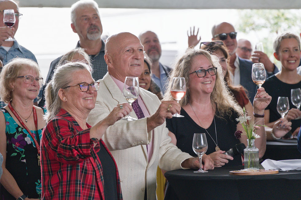 From left, Debbie Inglis, Donald Ziraldo and Barb Tatarnic take part in a toast honouring CCOVI’s 30th anniversary. ~ Luke Edwards photo