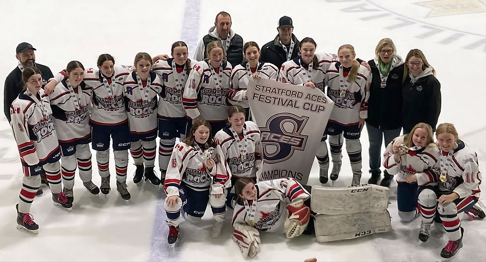 The Sam's Home Hardware U15 B Girls St. Marys Rock earned the gold medal at the Festival Cup held Nov. 15-17. Pictured in the front row, from left to right, are Maddie Jefferies, Jenna Gooder, Ramona Graham, Abby Russell and Ellie MacArthur. In the middle, from left, are Kayla Visneskie, Kasey Storey, Brooke Roth, Emma Carradine, Maeve Wheeler, Mira Broughton, Chloe Pethick, Avery Fifield, Janet Edye and Chandler Smith. In the back, from left, are Mike Carradine, Kelly Linton and Bob Wheeler.