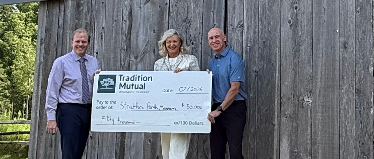 From left, Tradition Mutual Insurance Company CEO Charles MacLennan presents a $50,000 cheque to Stratford Perth Museum managing director Kelly McIntosh and board chair Mike Valiquette in support of the museum’s Blue Sky Canopy Campaign. The campaign aims to raise $120,000 for a permanent canopy over the audience area at the museum’s Player’s Backstage outdoor performance space. Contributed photo