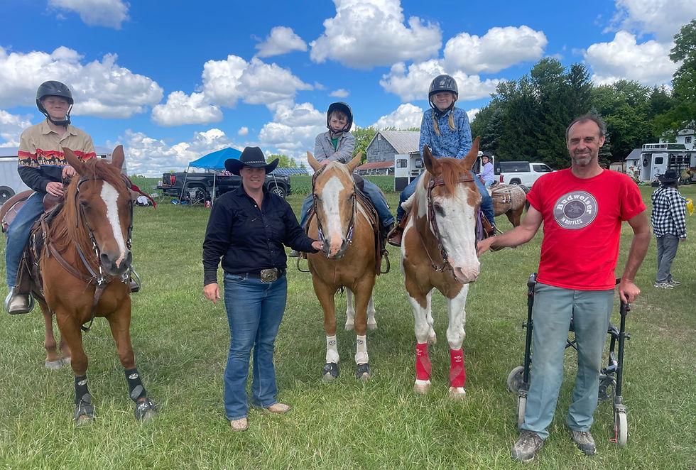 From left, Ben Bell, 11, rides Holly, Luke Bell, seven, rides Harley, and Hailey Bell, nine, rides Comet during Sunday's Stratford and District Saddle Club show. The Bell siblings are regular competitors in the club's summer show series. Gary West photo