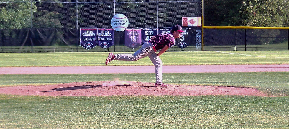 Stratford’s James Robinson throws the pitch against the Kingston Thunder at the SMBA 18U Tournament on July 3.