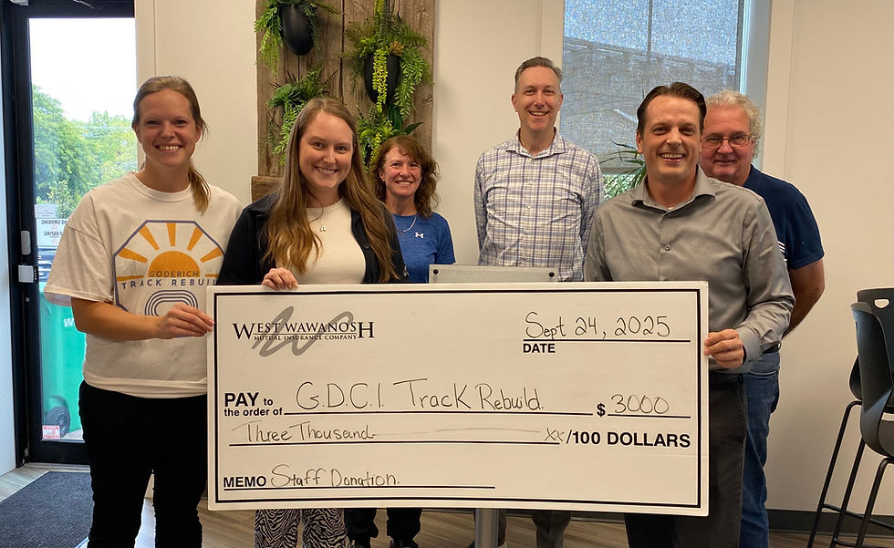 West Wawanosh Mutual Insurance recently made a $3,000 donation to the project. Pictured are Corey Boyle, Alyssa Blanchard, Niki Machan, Ryan Glajch, CEO, Travis Shelton and Dough Cruickshank.