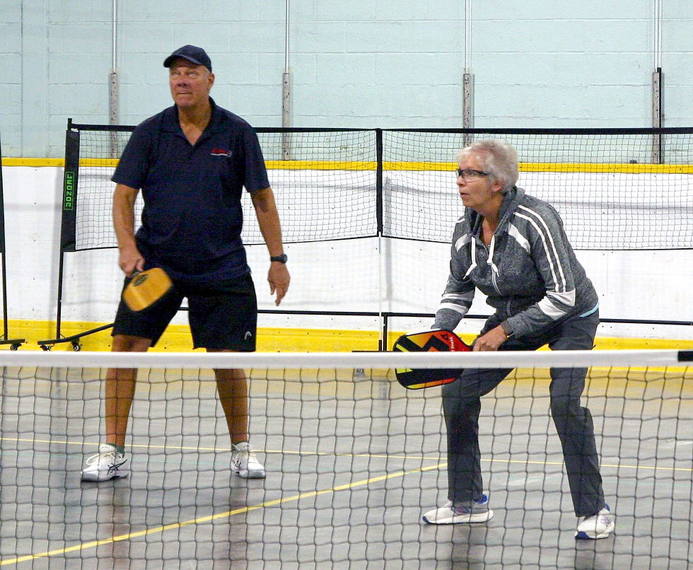 John Ball and Maureen Chunick await the ball in pickleball play at the Simcoe Recreation Centre. Separate sessions are available for beginners, intermediate, and advanced-level players during the Simcoe Seniors Centre’s pickleball times.