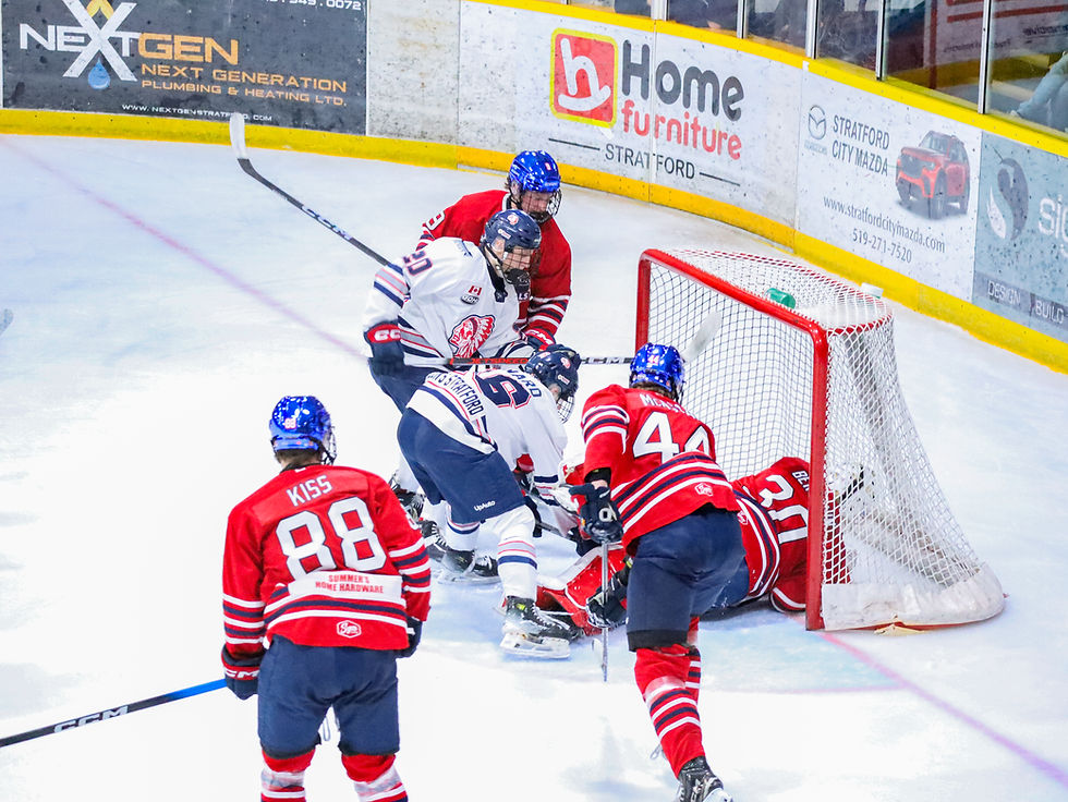 Stratford Warriors forward Dominic Marshall buried the loose puck past the sprawling London Nationals netminder Dante Bertolin for the game-winning goal in Game 3 at the Allman Arena on March 16.