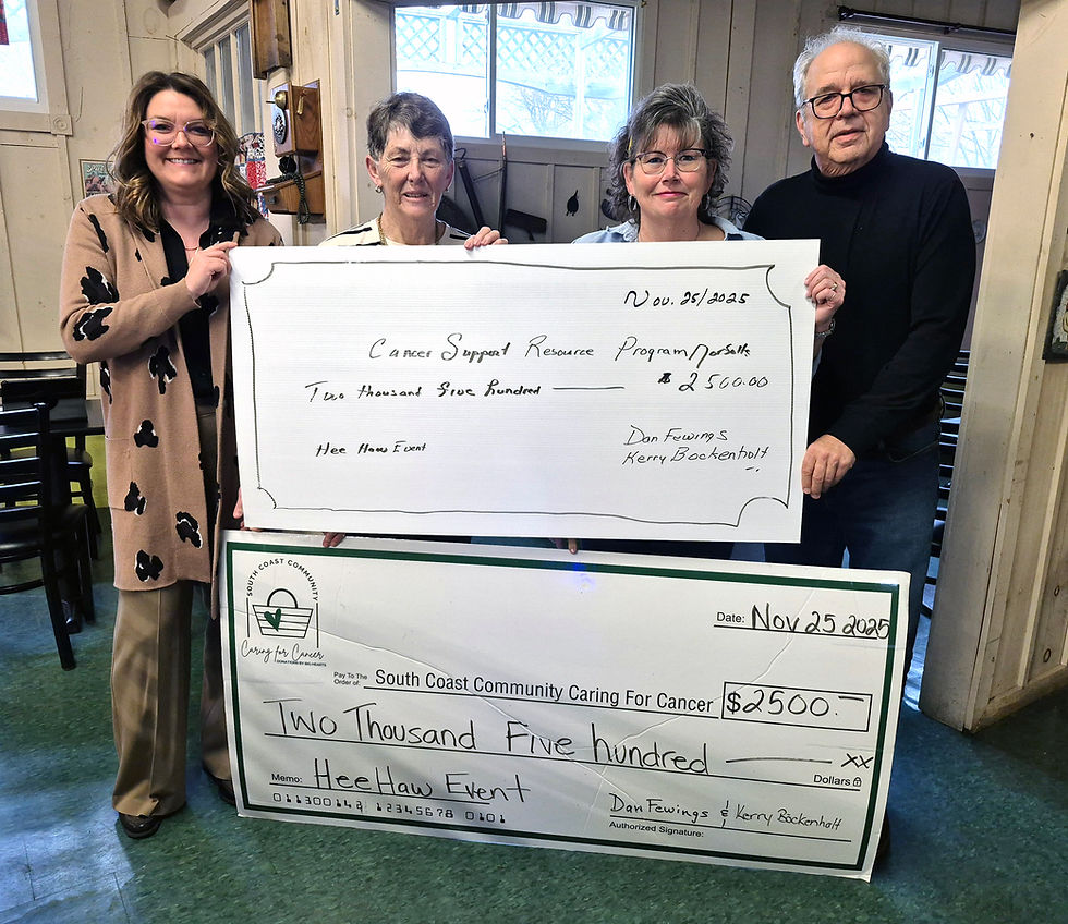 From left are Jessica Durka, founder South Coast Community Caring for Cancer; Pat Tebbs, board member for Cancer Support Resource; Kerry Bockenholt, owner of Kerry’s Eatery and co-host of the recent Hee Haw event in Waterford, and Daniel Fewings, co-coordinator and event entertainer.