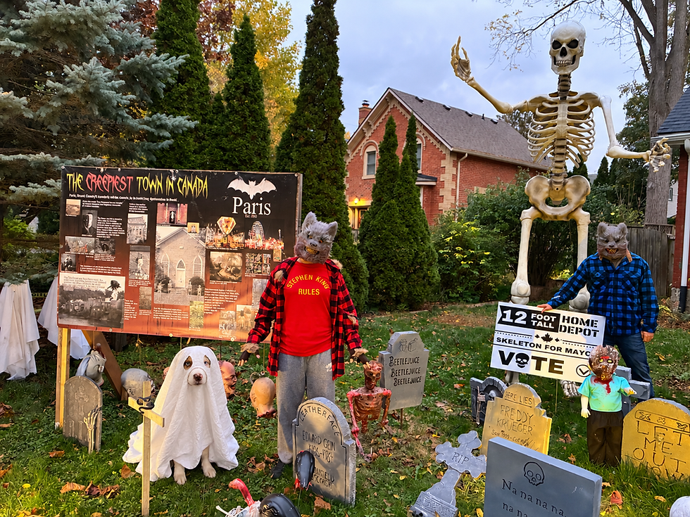 Tiffany and Bernie Martin, joined by their four-legged friend Snax, show off their frightfully festive South Ward Cemetery display on Washington Street in Paris. The elaborate Halloween attraction is part of the annual South Ward Scare Map, encouraging residents to explore the neighbourhood’s spooky sights.