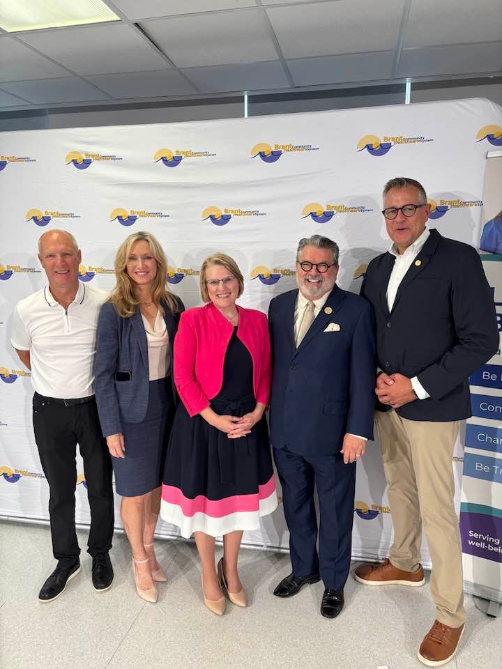 Provincial and local leaders gather to announce a $12.5 million investment from the Ontario government to support planning for a new hospital under the Brant Community Healthcare System, aimed at expanding health services for Brantford, Brant County, and surrounding communities. Pictured left to right is Paul Emerson, Chair of the BCHS Board of Directors, Bonnie Camm, President and CEO of BCHS, Sylvia Jones, Deputy Premier and Minister of Health, David Bailey, County of Brant Mayor and Will Bouma, Member of Provincial Parliament for Brantford-Brant.