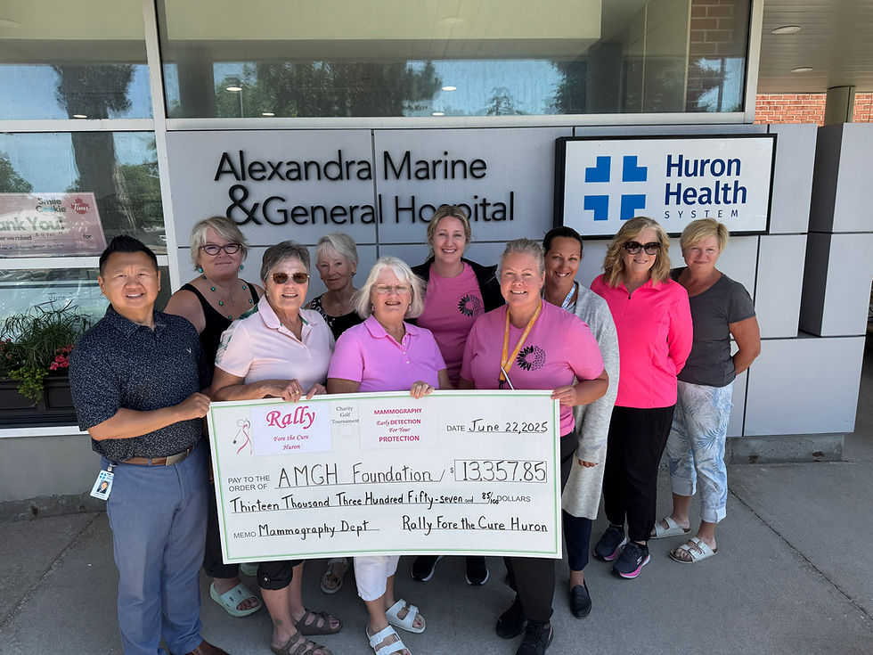 Rally Fore the Cure charity golf tournament presented a cheque of $13,357 to the AMGH Foundation, dedicated to the mammography unit. (L-R): Jimmy Trieu, President and CEO Huron Health System, Kimberley Payne, Executive Director of AMGH Foundation, Judy Lajeunesse, Committee Member, Barb Lassaline, Committee Member, Anne McIsaac, Committee Member, Jayme Eadie, Diagnostic Medical Sonographer, Liane Grecco, Medical Radiation Technologist, Katie Howard, Manager Diagnostic Imaging and Cardiorespiratory, Kelly Desson, Committee Member, Tracey Peters, Committee Member.