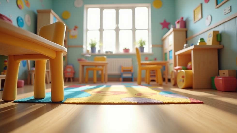 Eye-level view of a bright and colorful childcare classroom with educational toys