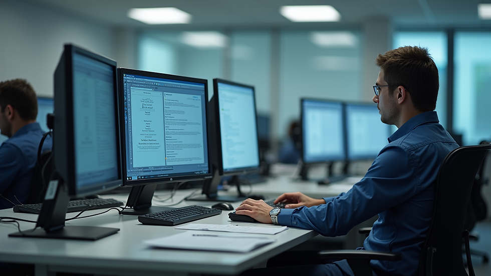 Eye-level view of a government office workstation with multiple monitors displaying document processing software