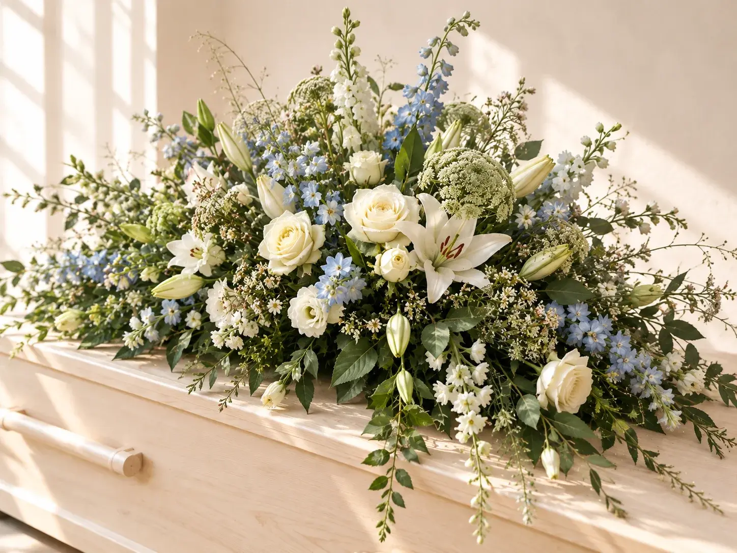 Kistbedekking met witte bloemen en subtiele blauwe accenten