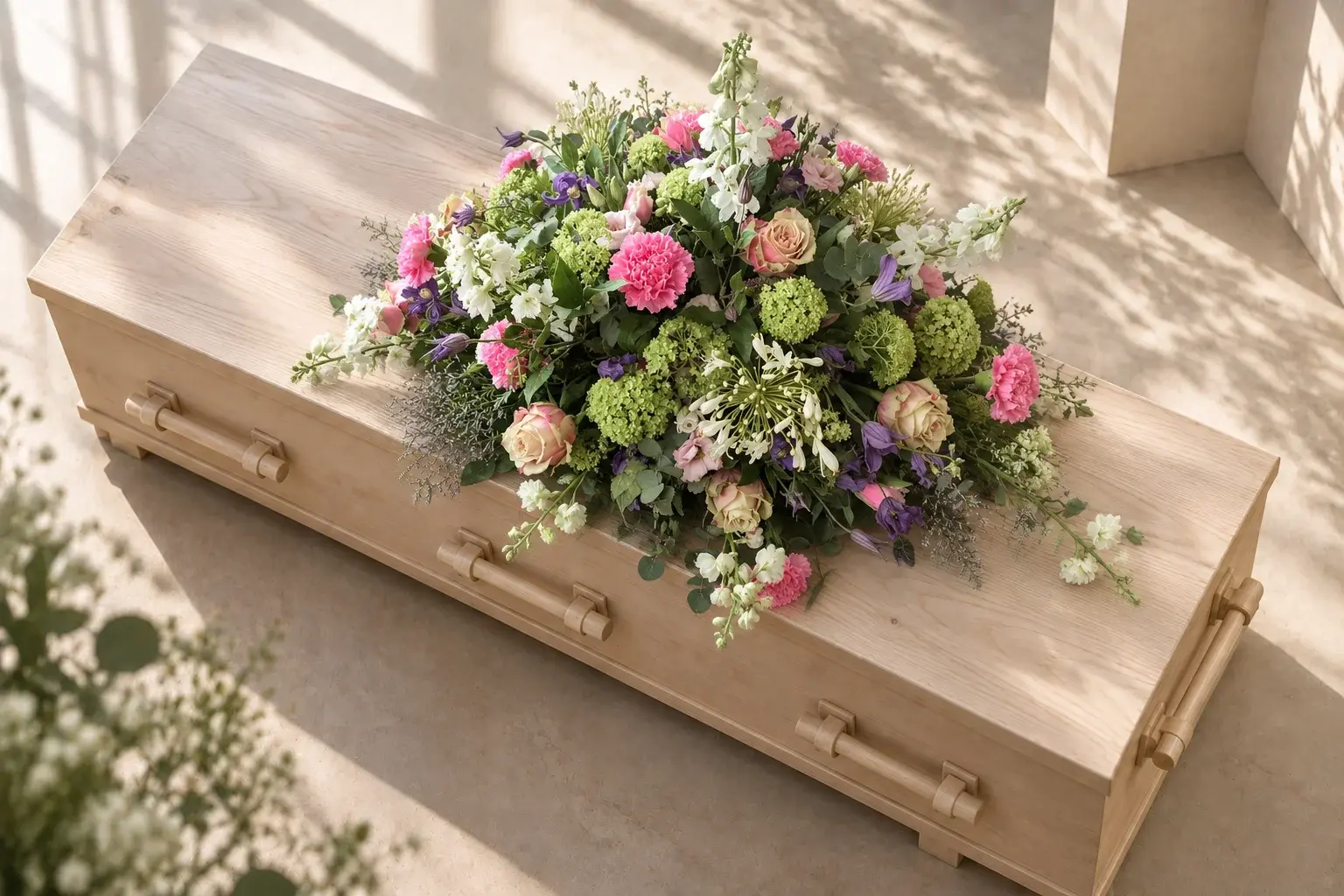 Natuurlijk kiststuk met roze, lila en groene bloemen in een losse organische compositie op een lichte houten uitvaartkist.