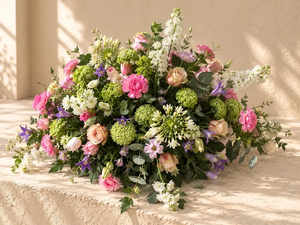 Natuurlijk rouwstuk met zachtroze en witte bloemen