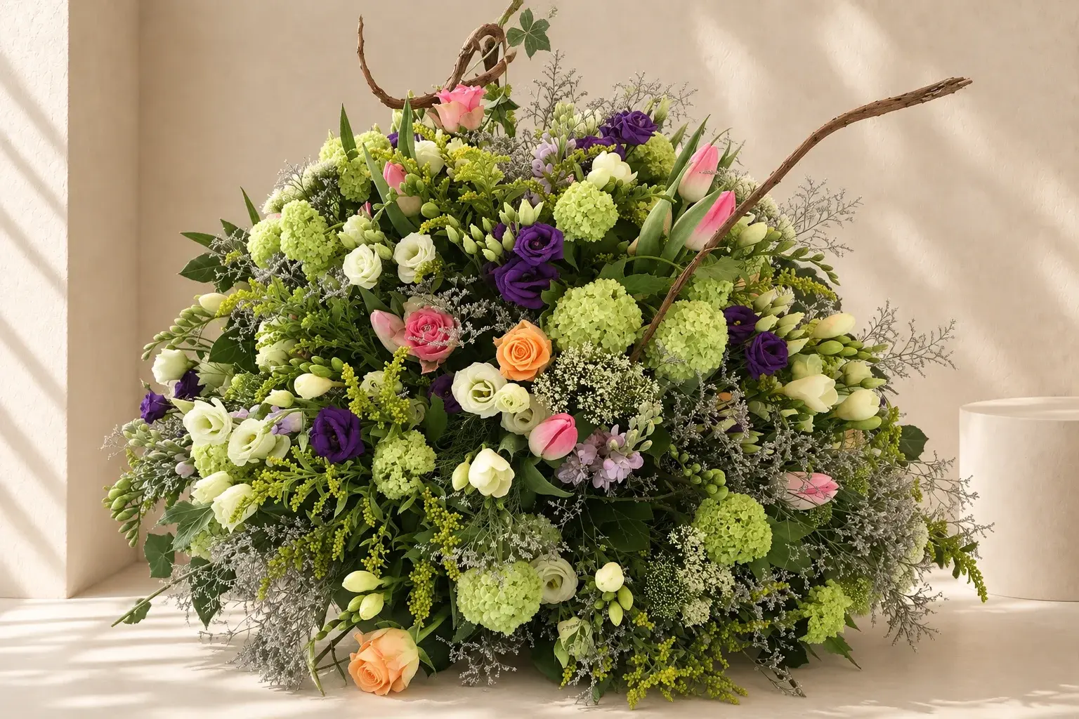 Natuurlijk rouwbloemstuk met groene viburnum, paarse en roze bloemen en speelse takken, stijlvol gefotografeerd in een lichte, warme setting.
