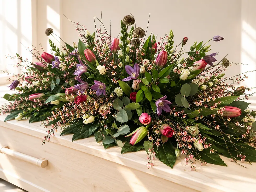 Kistbedekking met donkerroze en paarse bloemen en natuurlijk groen