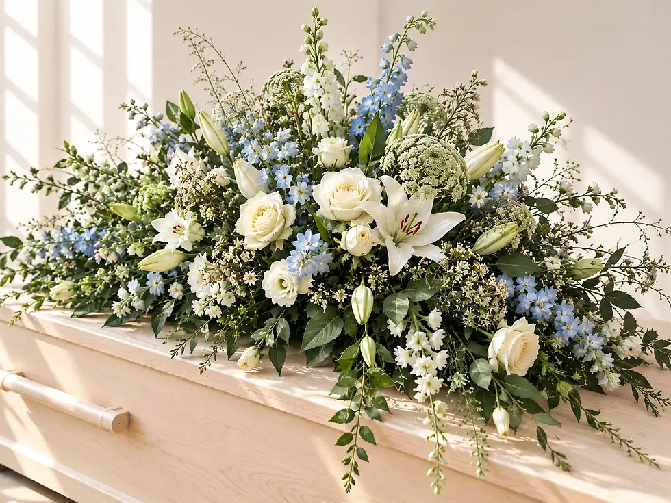 Kistbedekking met witte bloemen, lichtblauwe accenten en natuurlijk groen