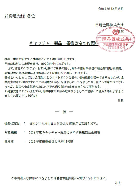 日晴金属キャッチャー製品価格改定のご案内