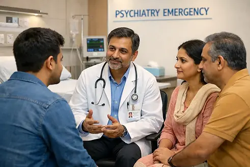 Psychiatrist in Kolhapur counseling a young male patient and family in a psychiatric emergency room, offering urgent mental health assessment and supportive care for emergency psychiatry.