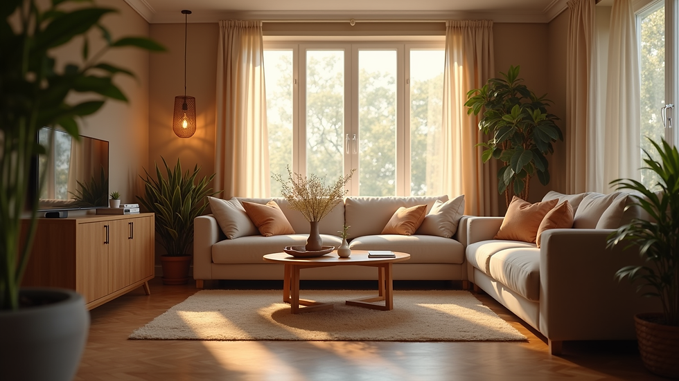 Eye-level view of a cozy living room with warm lighting and decorative plants