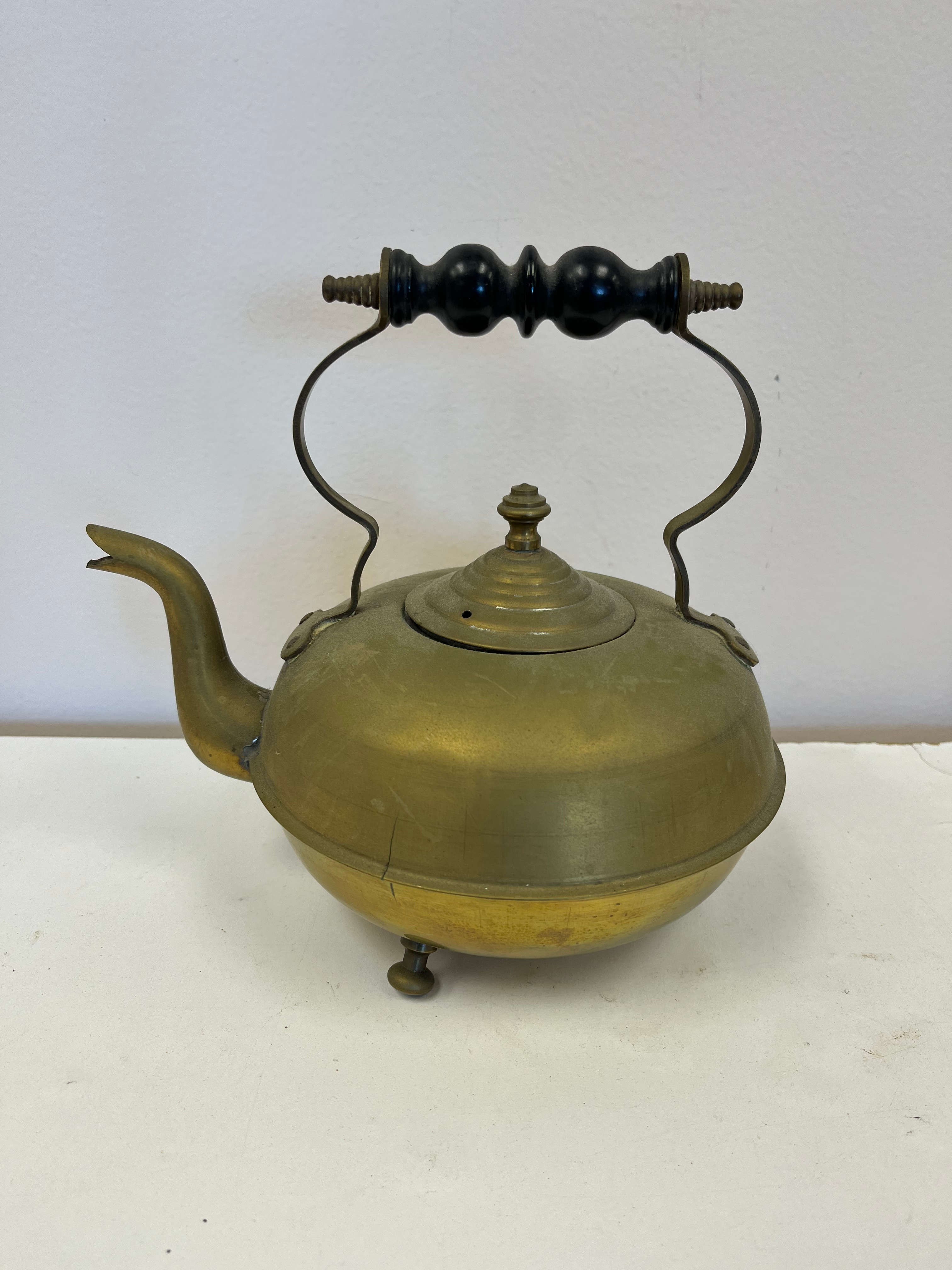 Antique Brass 3 Footed Tea Pot w/ Dark Amber Glass Handle,