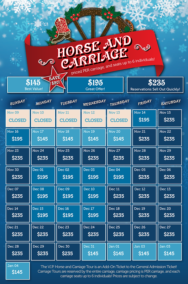 A calendar listing out the different pricing for the Horse & Carriage Rides