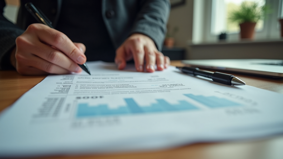 Eye-level view of a person organizing tax documents and receipts on a wooden desk