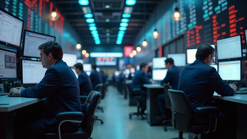 High angle view of a stock market trading floor with activity