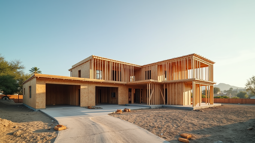 Wide angle view of a construction site with a custom home framework in Los Angeles