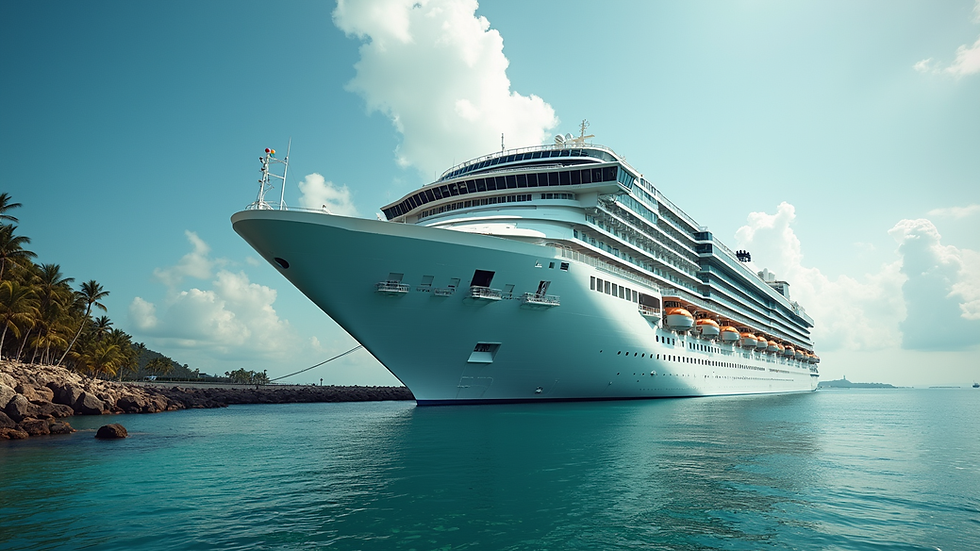 Eye-level view of a cruise ship docked at a tropical port