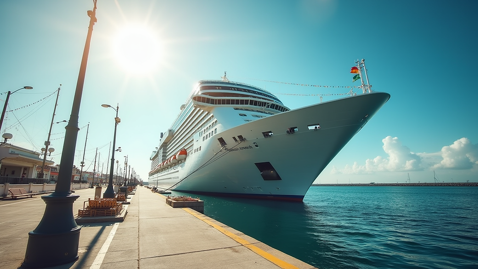 Eye-level view of a cruise ship docked at a sunny port