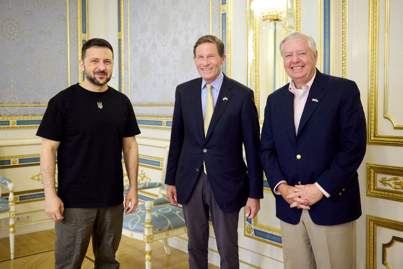 Ukraine's President Volodymyr Zelenskiy meets with U.S. Senators Lindsey Graham (R-SC) and Richard Blumenthal (D-CT), amid Russia's attack on Ukraine, in Kyiv, Ukraine August 12, 2024. Ukrainian Presidential Press Service