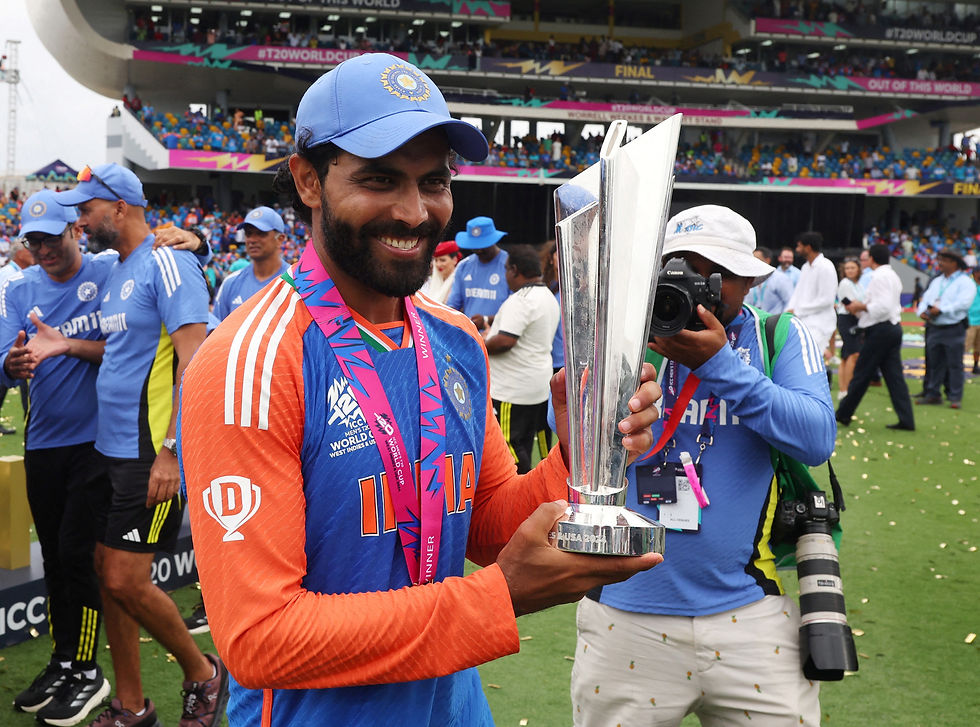 Cricket - ICC T20 World Cup 2024 - Final - India v South Africa - Kensington Oval, Bridgetown, Barbados - June 29, 2024 India's Ravindra Jadeja celebrates with the trophy after winning the T20 World Cup REUTERS/Ash Allen