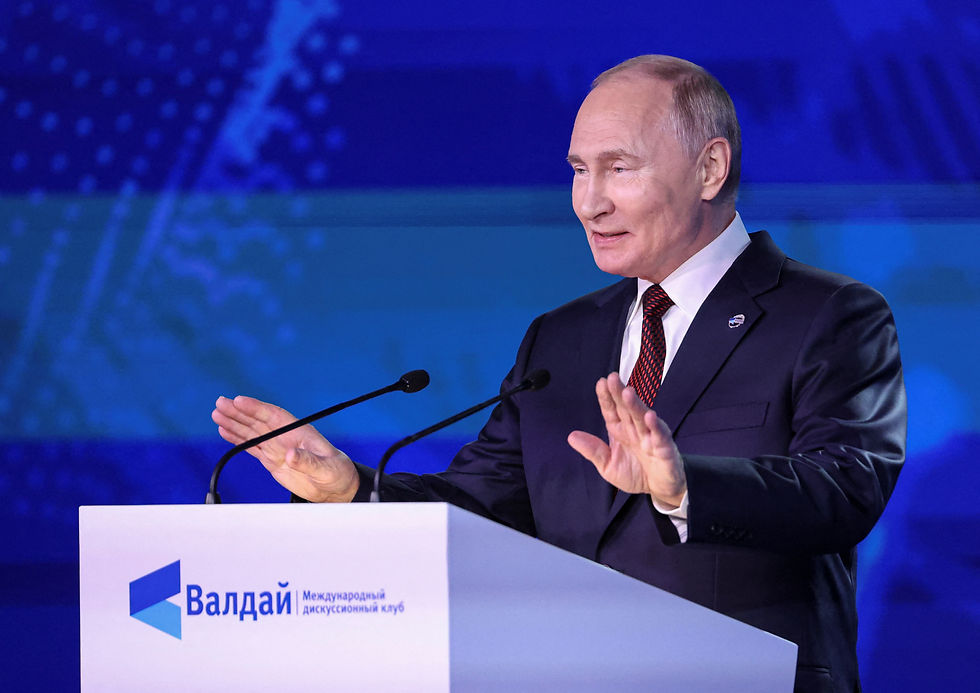 Russian President Vladimir Putin delivers a speech during a plenary session as part of the 21st annual meeting of the Valdai Discussion Club titled 'Lasting peace on what basis? Common security and equal opportunities for development in the 21st century' in Sochi, Krasnodar region, Russia, 07 November 2024. MAXIM SHIPENKOV