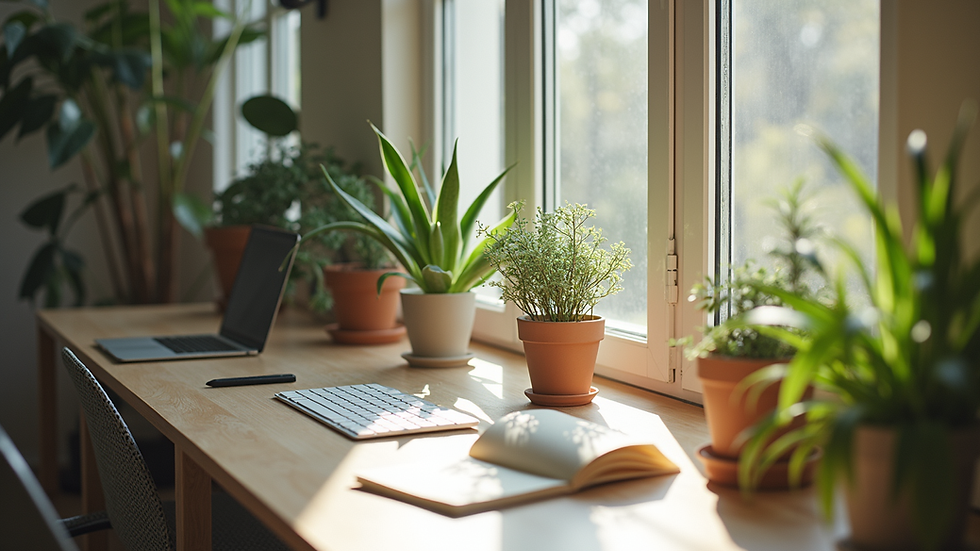 High angle view of a calm workspace with plants and soft lighting