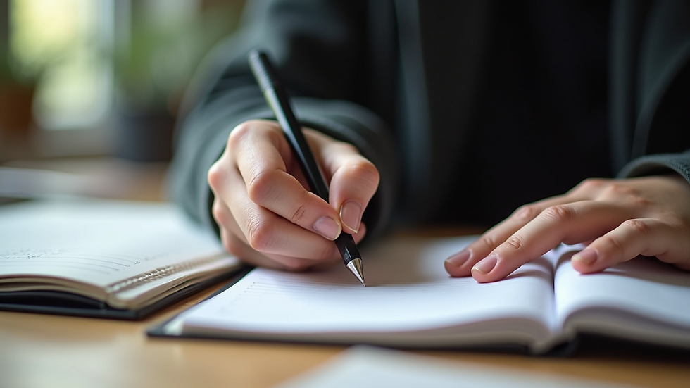 Close-up view of a student writing in a notebook during a study session