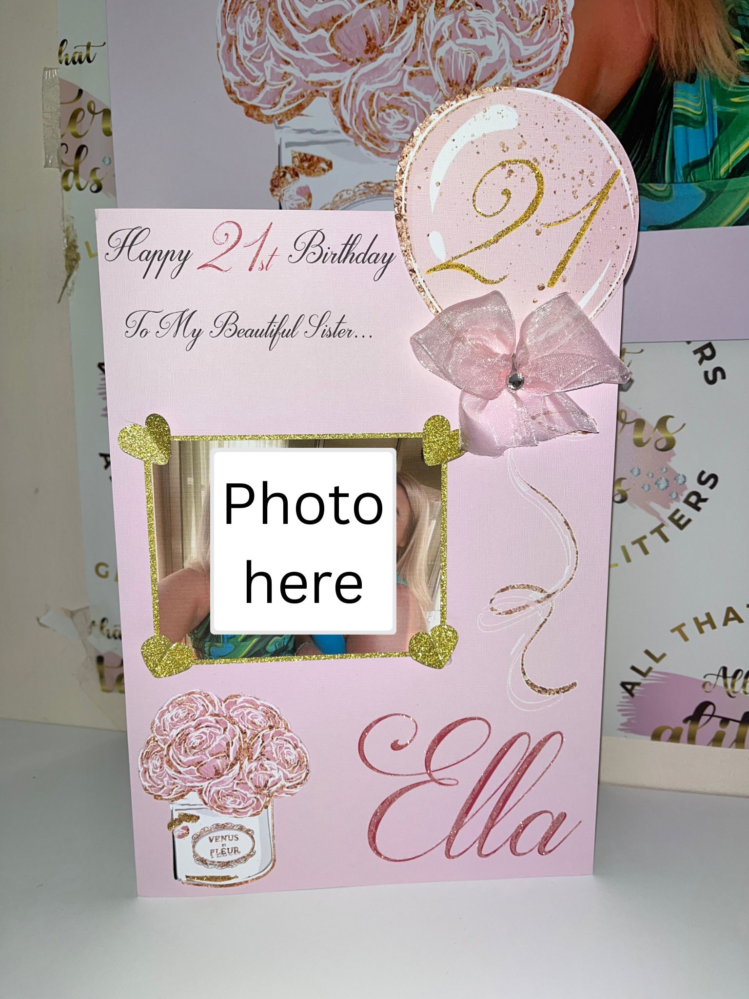 3D balloon pink & gold card