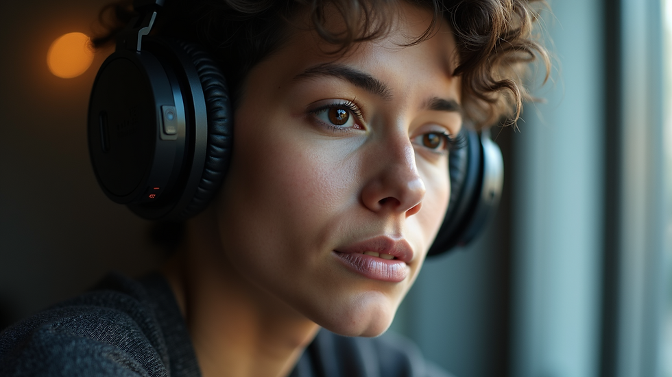 Close-up view of a person wearing headphones enjoying music