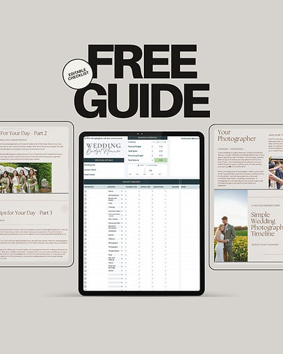 Free Guide on a tablet with example wedding details, photographer tips.