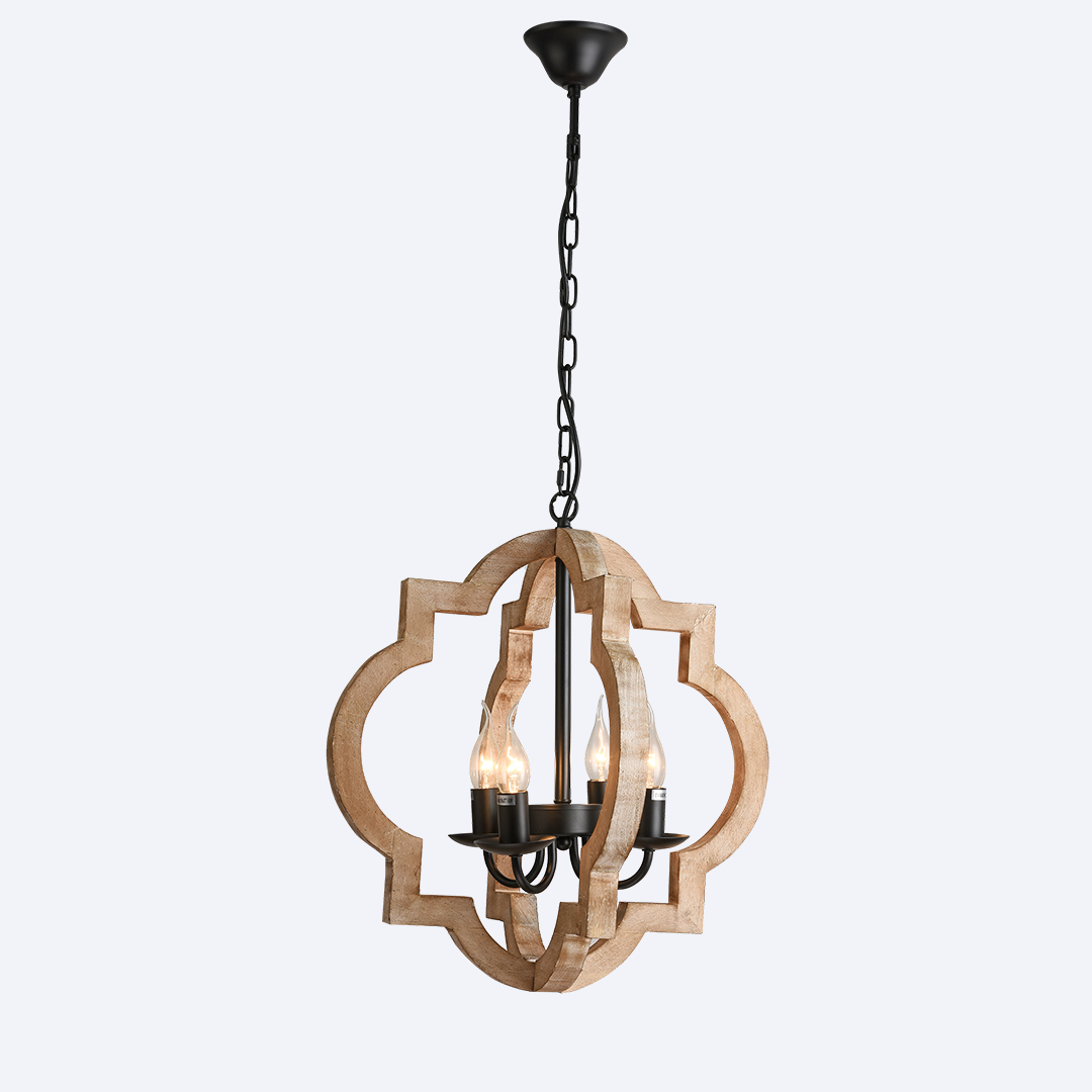 ELR-4031-BW spherical chandelier with wood frame and black fittings