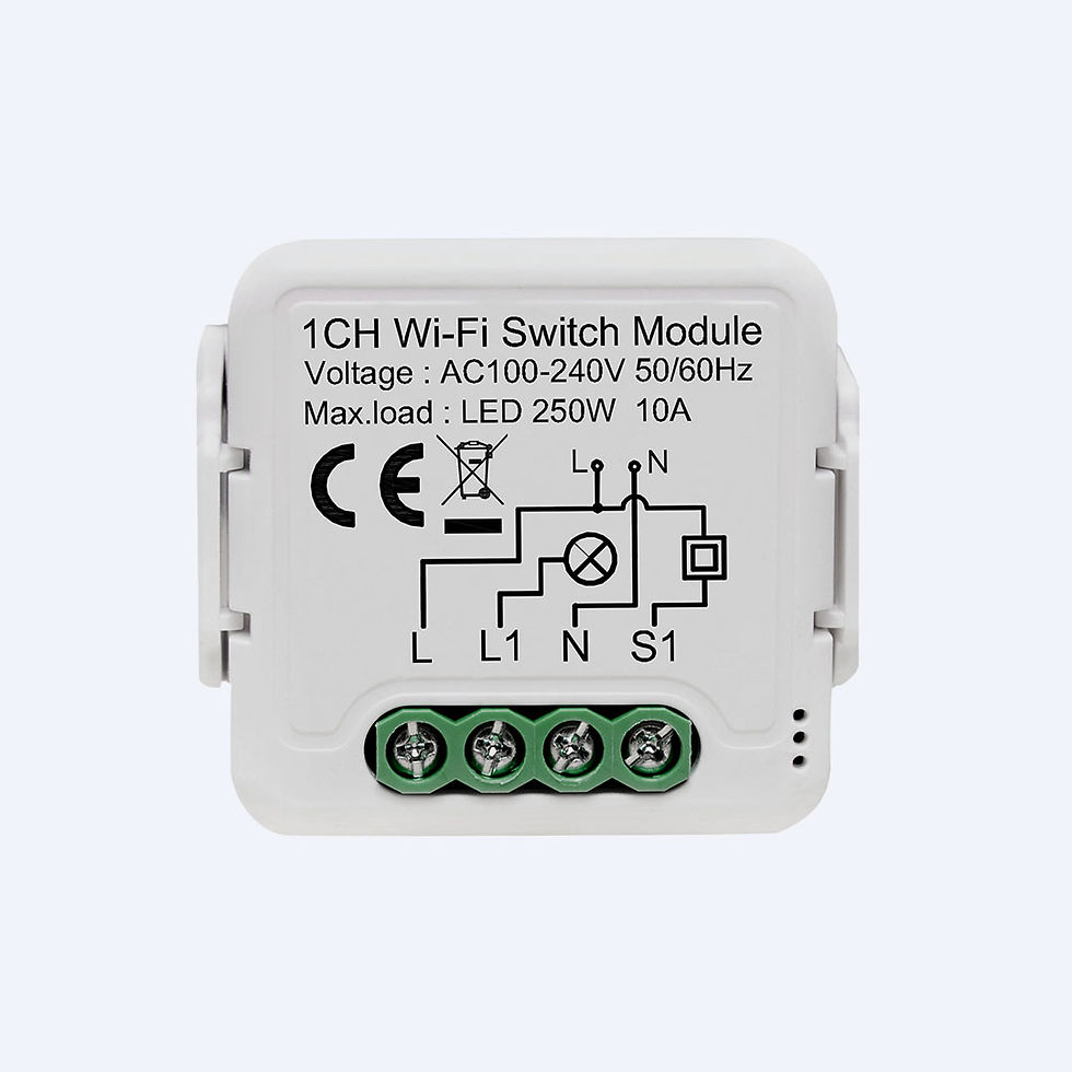 Smart Tech Wi-Fi switch modules (1 gang) with green terminal blocks and compact design