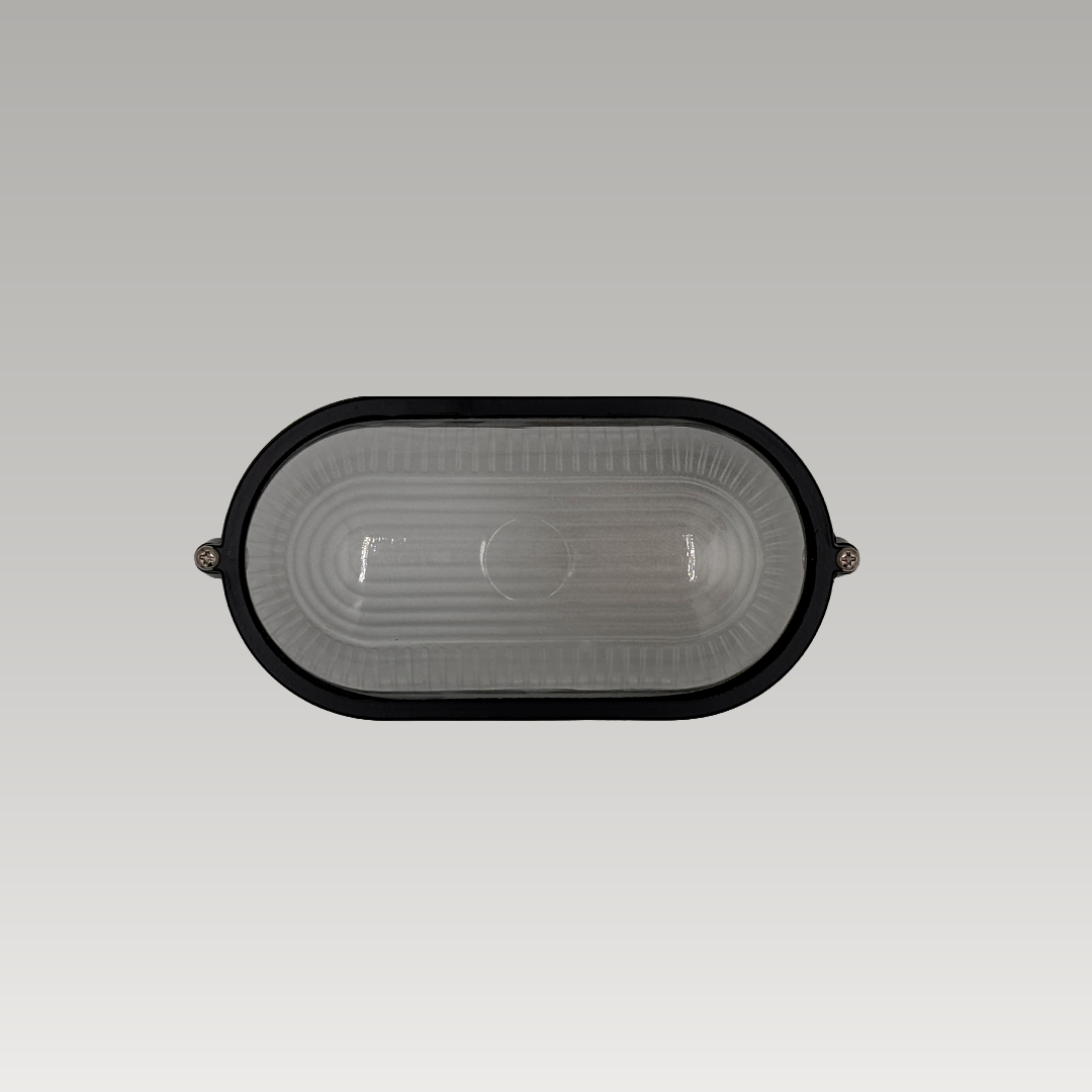 Black plain oval outdoor bulkhead wall light with glass diffuser