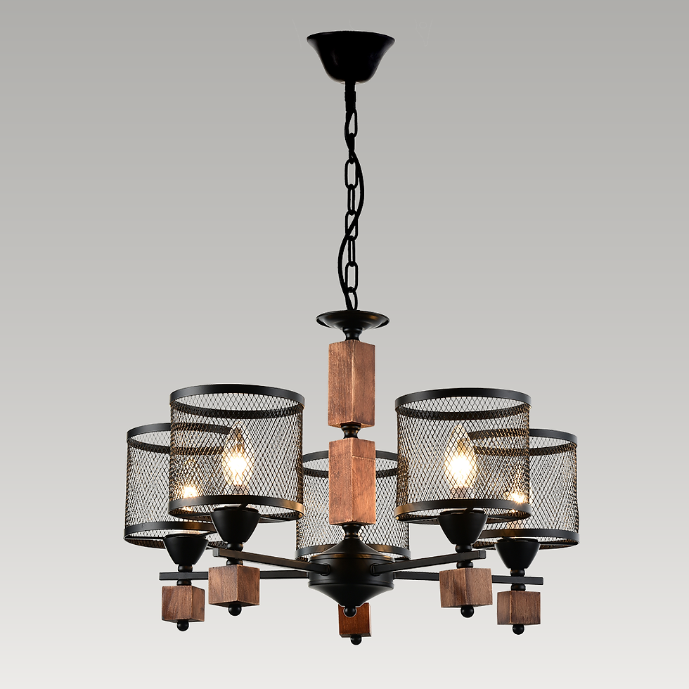 ELR-4053-WB chandelier with mesh shades and wood detail in matt black finish