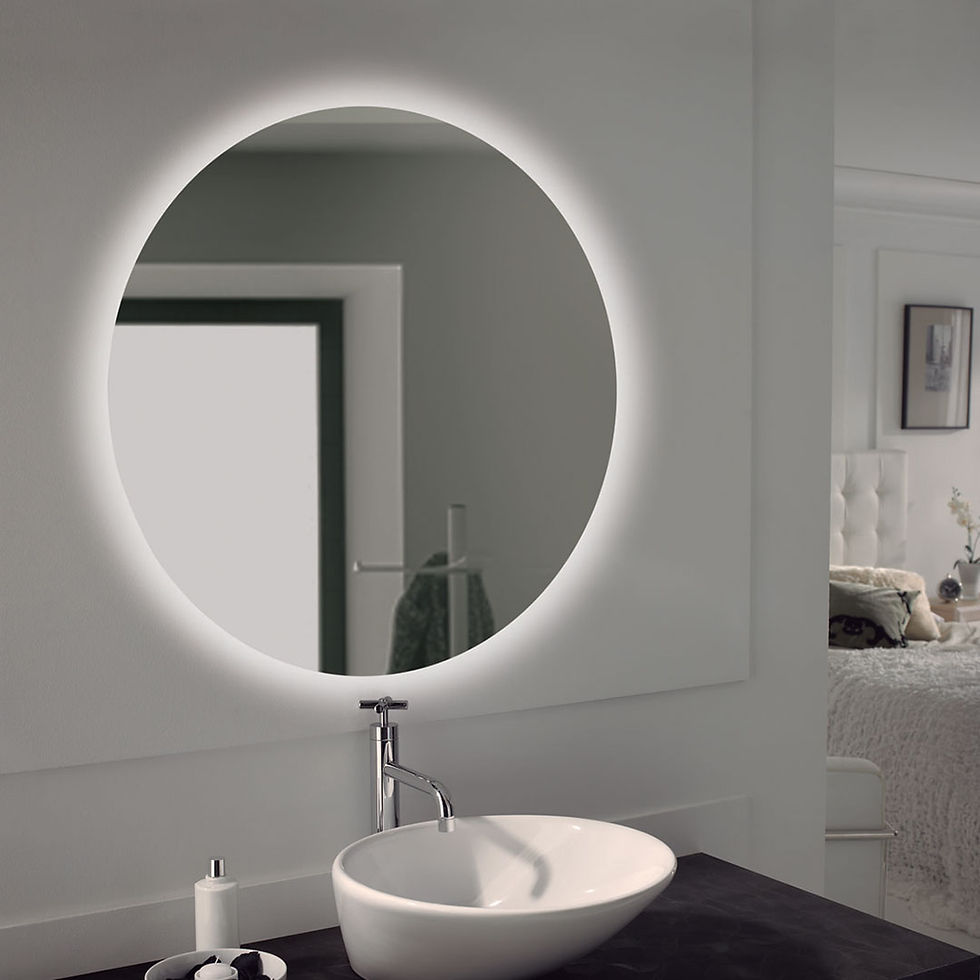 Dara round LED bathroom mirror with backlit glow and built-in defogger