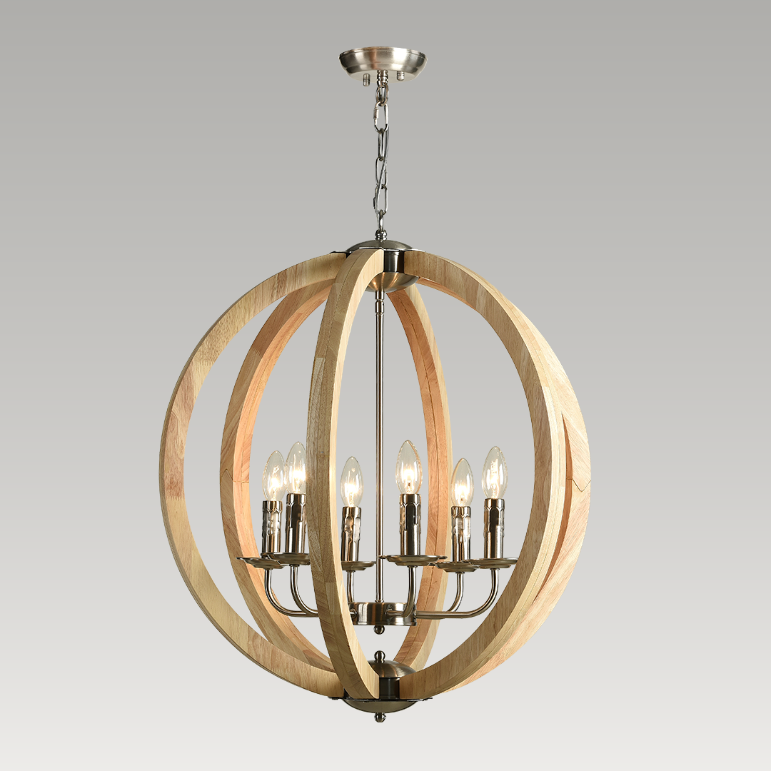 YG30021-6P round chandelier with chrome arms and light wood accents