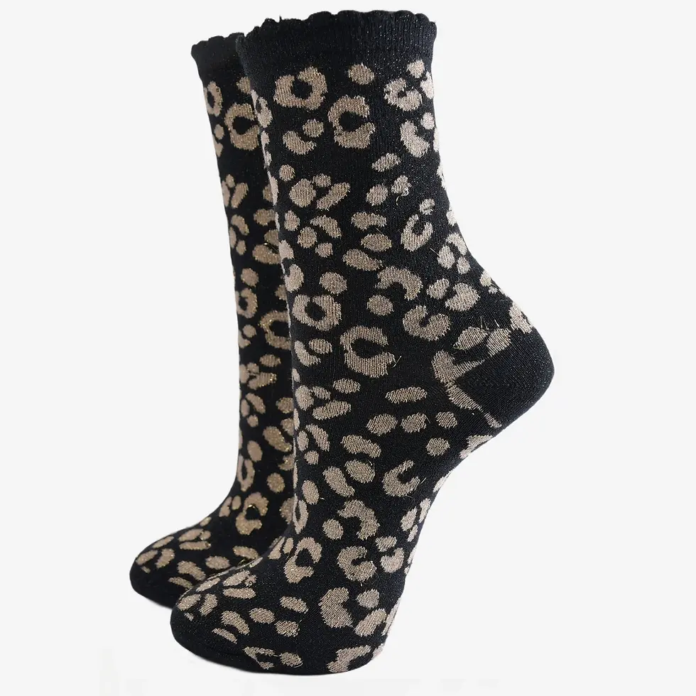 Thumbnail: Light gold & black lurex ankle socks.  Leopard print pattern cotton Sock talk socks with a frill ankle cuff